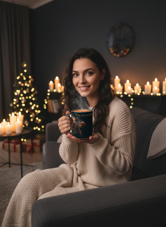 Krus med sort innside og hank og motiv "Wonders" + tekst "Du er verdifull"