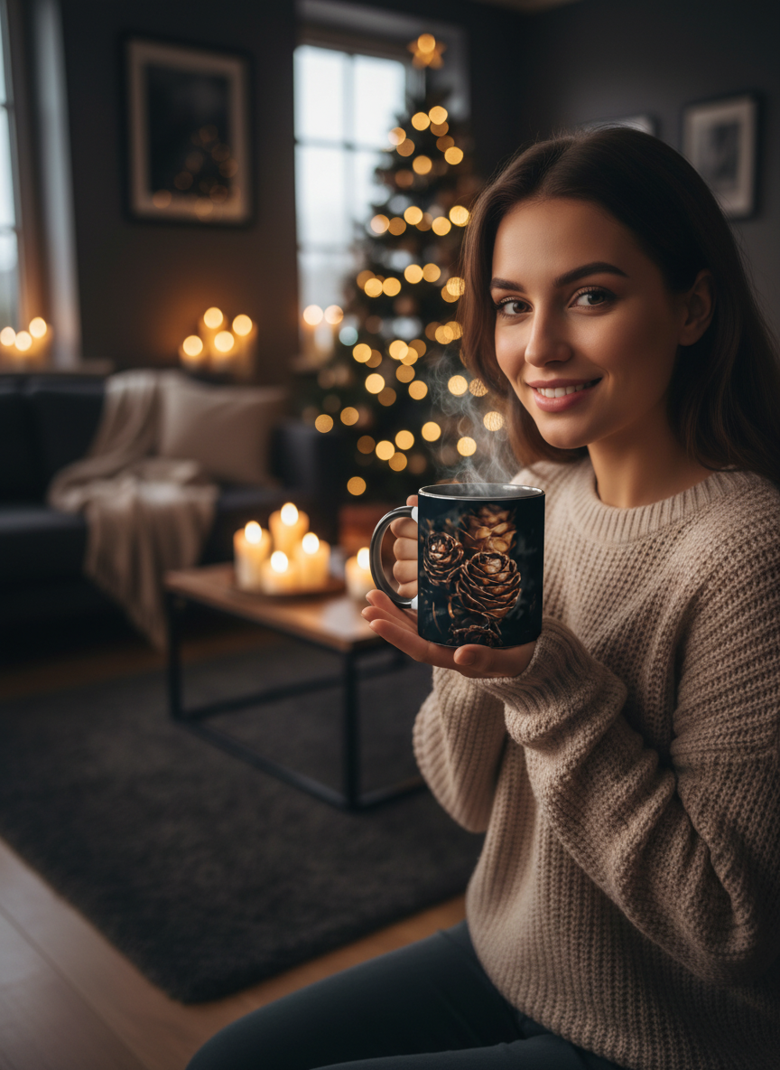 Krus med svart innside og hank - motiv "Pinecone love" uten tekst