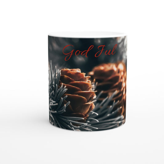 Julekrus - Hvitt krus med konglemotiv og tekst "God Jul"